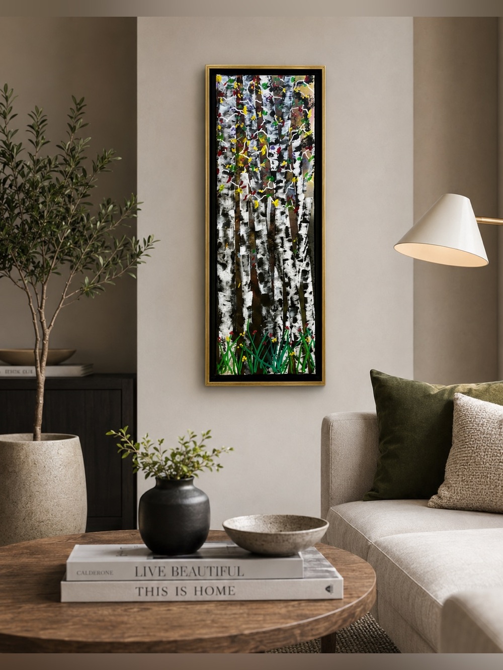 Original Framed Birch Forest Acrylic Painting – Modern Woodland Art